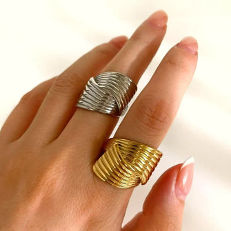 2-Piece Stainless Steel Textured Wave Ring Gold & Silver