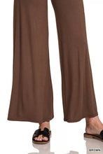 Brown Zenana fold over waist comfy wide leg pants made of soft ribbed fabric with a relaxed wide-leg fit