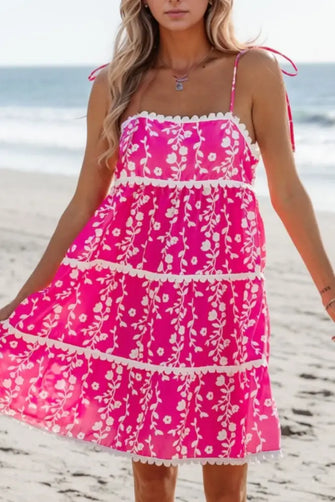 Floral Print Ric Rac Patched Sleeveless Mini Dress Hot Pink Casual Dresses
