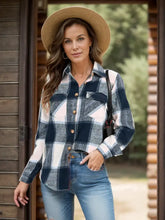 Full Size Pocketed Plaid Collared Neck Shacket Navy Woman Outerwear