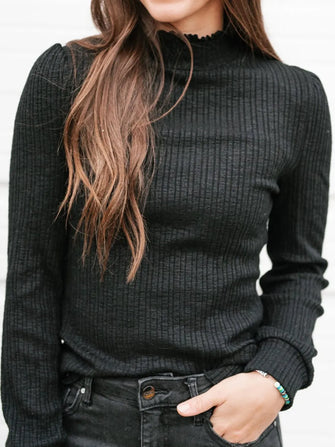Textured Mock Neck Long Sleeve T-Shirt Black
