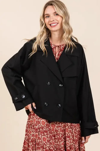 Mittoshop Double Breasted Long Sleeve Trench Coat Jacket Black Woman Outerwear