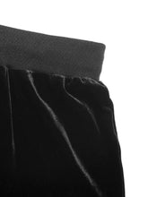 Black velvet wide-leg drawstring pants with ribbed elastic waistband and care instructions for easy maintenance
