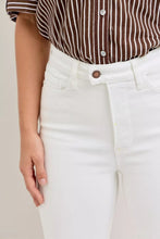 White Judy Blue high waist extended waistband capri pants featuring classic five-pocket design and copper button