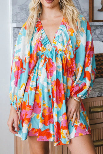 Floral Bracelet Sleeve Empire Waist Mini Dress Floral