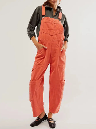Pocketed Wide Strap Denim Overalls Orange Denim Overalls