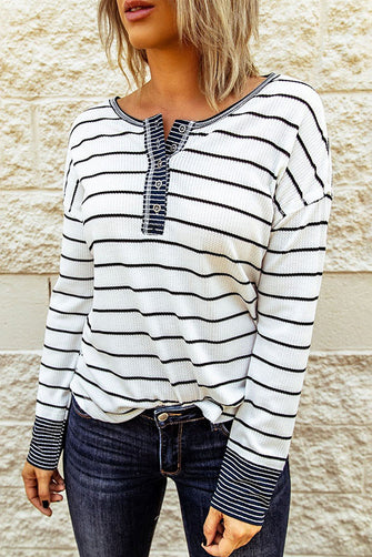 Striped Waffle Knit Henley Long Sleeve Top White