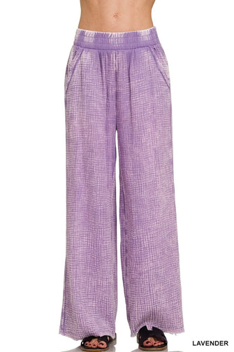 Zenana Washed Double Gauze Elastic Band Waist Pants LAVENDER