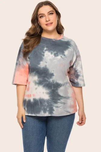 Plus Size Tie-Dye Half Sleeve Tee Shirt Mid Gray Woman T Shirts