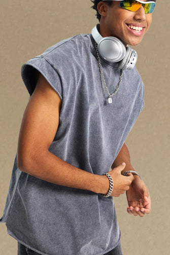 Men's Washed Round Neck Tank Gray