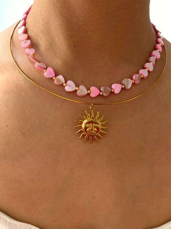 2-Piece 18K Gold-Plated Heart Beads and Sun Pendant Necklace Gold One Size