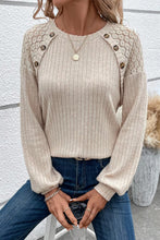 Ribbed Decorative Button Round Neck T-Shirt Beige