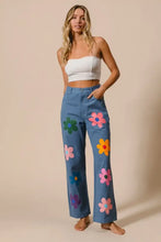 Bibi flower print straight legs pants with blue floral embroidery