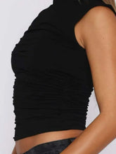 Black ruched crop top with high neckline, thin straps, machine wash cold