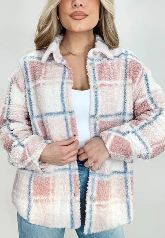 Plaid Button Up Collared Neck Sherpa Jacket Plaid Woman Outerwear