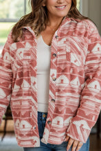Plus Size Pocketed Printed Collared Neck Jacket Burnt Coral