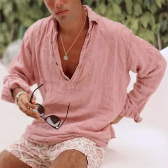 Men's Full Size Casual Linen Long Sleeve Top Plus Size Pink