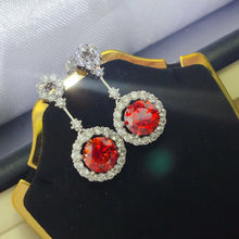 4 Carat Ruby Red Crystal Drop Earrings with Rhinestone Halo
