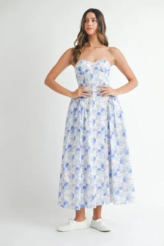 MABLE Sweetheart Neckline Floral Printed Midi Dress Blue Casual Dresses