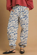 Blue and cream umgee scenic print casual cotton sweatpants with forest scene patterned design for comfortable wear