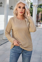 Round Neck Raglan Sleeve Ribbed Blouse Khaki Woman Blouses