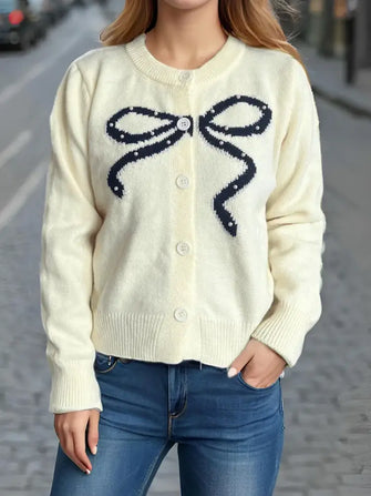 Bow Button Down Round Neck Cardigan Ivory One Size Woman Outerwear