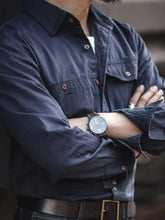 Men's Button Down Long Sleeve Shirt with Chest Pockets Navy Mens Tops