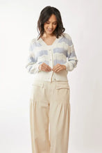 Blue and cream wave-striped pattern neckline cardigan with balloon sleeves