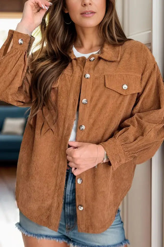 Decorative Pocket Flap Button Up Jacket Caramel Woman Outerwear