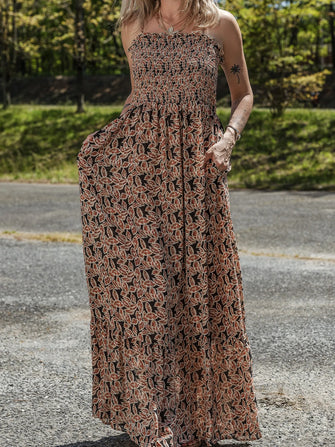 Printed Smocked Bodice Maxi Dress Taupe