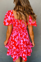 Floral Puff Sleeve Sweetheart Neck Ruffled Mini Dress