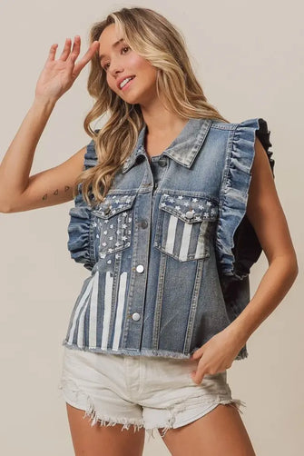 BiBi American Flag Washed Denim Jacket DENIM Woman Outerwear