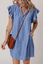 Stripe Frilly Split Neck Shirred Ruffle Sleeve Short Shift Dress Dusty Blue Casual Dresses