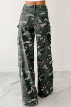 High waist cargo pants in green brown and beige camo print made of denim fabric for rugged style and durability