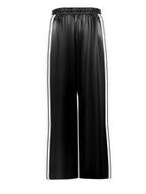 Black satin striped wide-leg pants with white side stripes designed for stylish comfort and tumble dry care