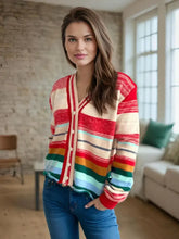 Striped Button Down V-Neck Long Sleeve Cardigan Woman Outerwear