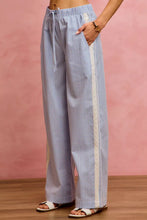 Light blue and white wide check pants with lace trim and piping down the side seam by so me