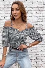 Plaid Buttoned Sweetheart Neck Cold-Shoulder Top Plaid Woman Blouses