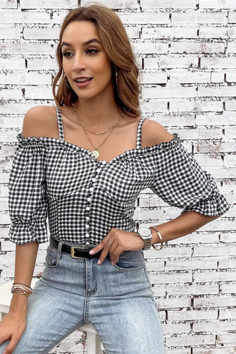 Plaid Buttoned Sweetheart Neck Cold-Shoulder Top Plaid Woman Blouses