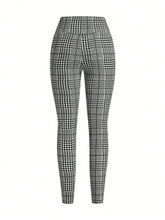 High waist plaid slim fit pants featuring black and white houndstooth pattern high waist leggings