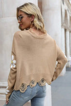 Flower Distressed Ribbed Trim Sweater Sweater Pullovers