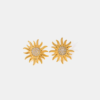 Stainless Steel Inlaid Rhinestone Sun Shape Stud Earrings Gold One Size