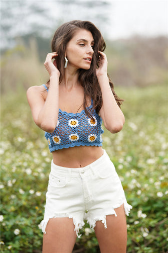 Floral Crochet Cropped Cami Azure Tanks & Camis