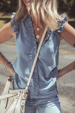 Frilly Ruffle Trim V Neck Chambray Tank