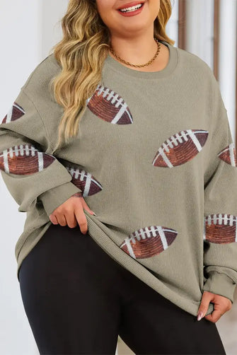Plus Size Sequin Football Dropped Shoulder Sweatshirt Mist Green Woman Sweatshirts