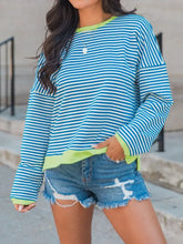 Perfee Striped Round Neck Long Sleeve Sweatshirt Pastel Blue Woman Sweatshirts