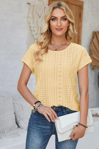 Eyelet Round Neck Rolled Short Sleeve T-Shirt Light Yellow