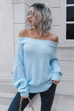 Off-Shoulder Ribbed Long Sleeve Pullover Sweater Light Blue
