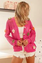 Hot pink open knit sweater cardigan with bibi flower patches