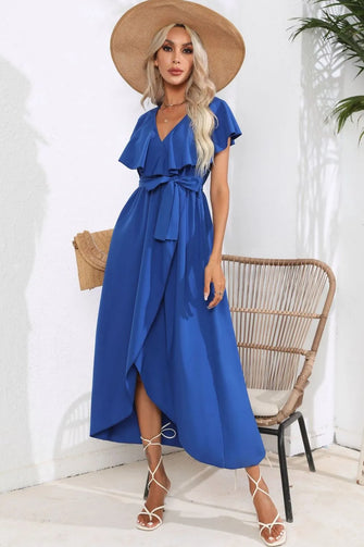 Tied Front Ruffled Short Sleeve Midi Dress Royal Blue